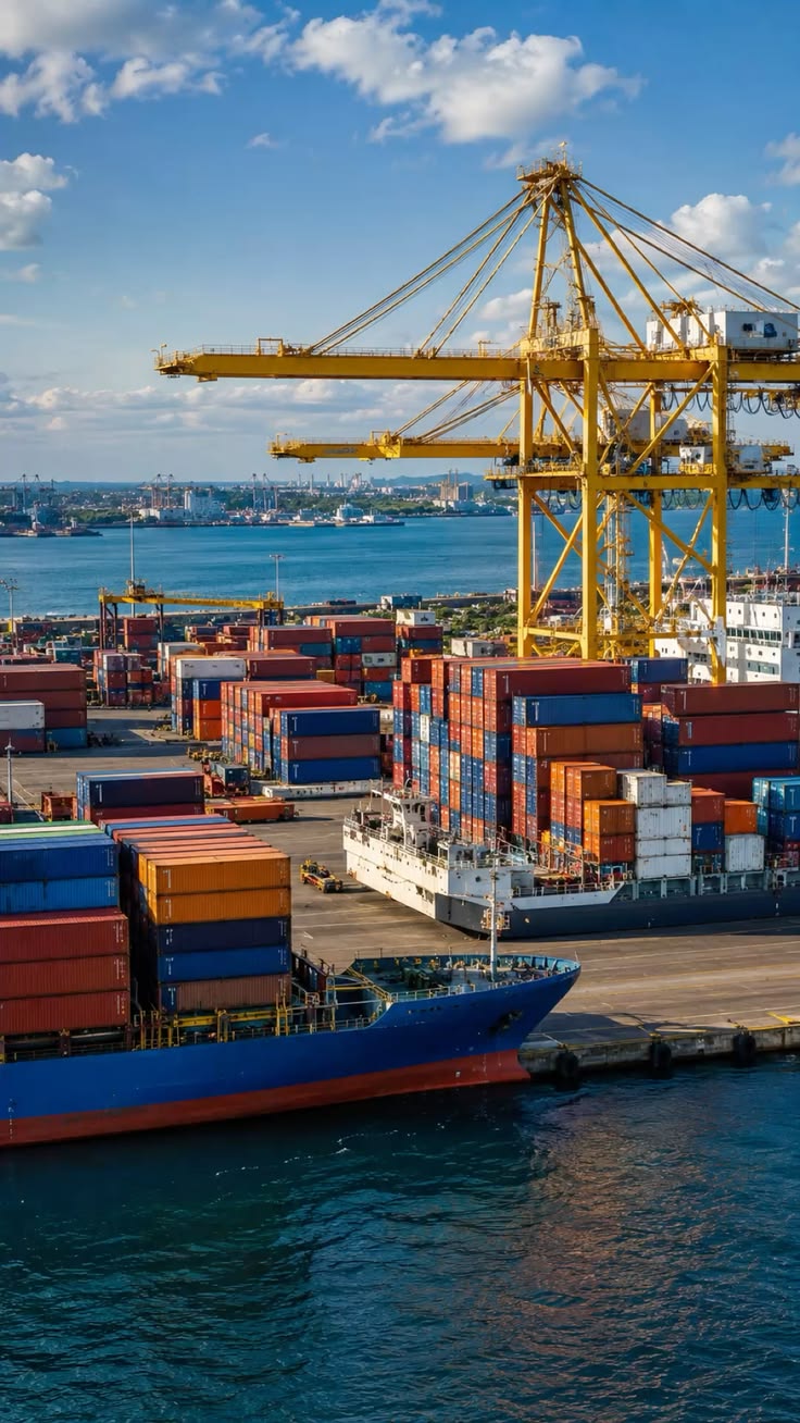 Puerto de carga con grúas, contenedores y un buque